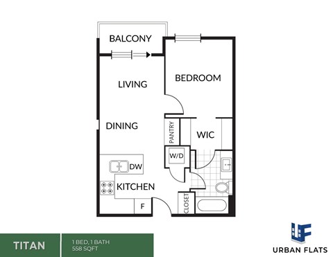 Floor plan for 1 bed, 1 bath, 557 sqft